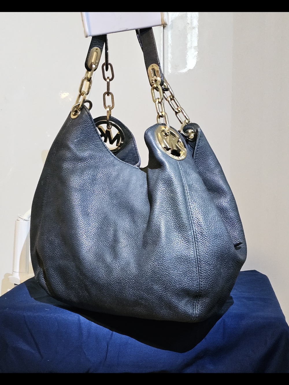 Michael Kors Dark Navy Pebbled Leather Chain-Accent Hobo